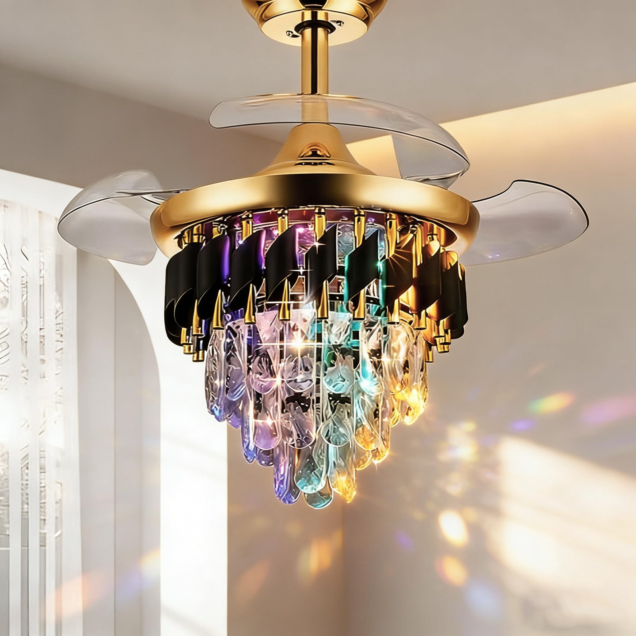 Photo 1 of LumZeylith 30" Retractable Crystal Ceiling Fan with Light, RGB Modern Chandelier Fan 6 Speeds Reversible Blades Gold