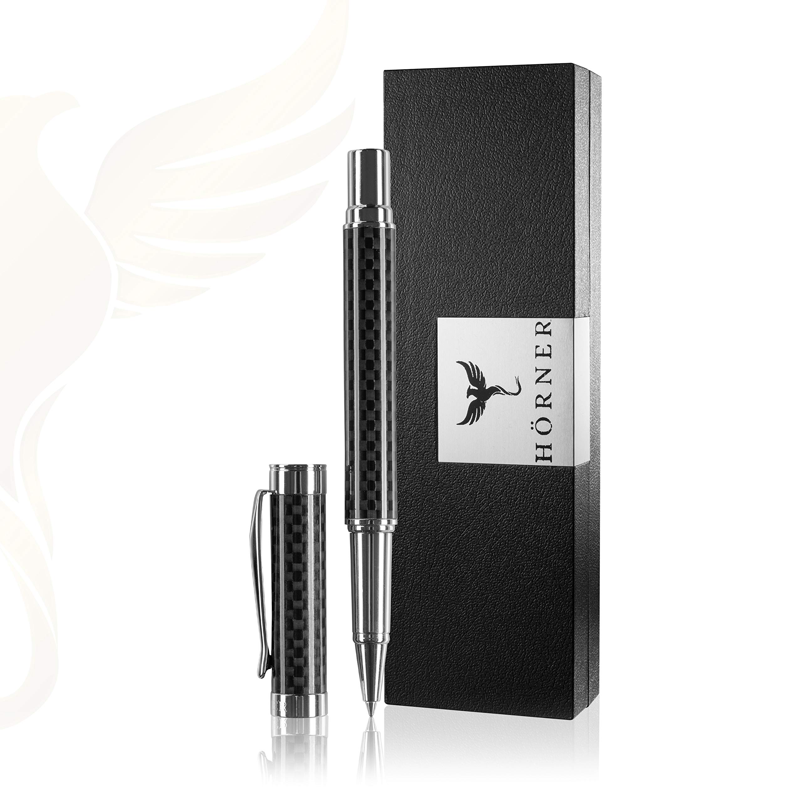 Hörner ONE - High-Quality Rollerball Pen Carbon Black Silver | Ink Colour Blue 0.7 mm | Made of Metal | Elegant Writing Set with Gift Box I Pen for Men and Women | Premium Design