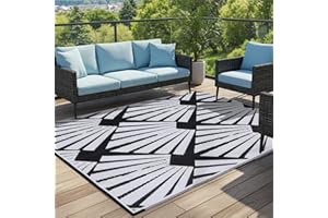 BUPPLEE Reversible Outdoor Plastic Straw Rug 5x8 Ft, Waterproof Foldable Camping Mat with Uv Protection, Quick-Dry Plastic Straw Patio Carpet for Deck Rv Porch Backyard Black & White