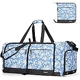 Lekesky Foldable Travel Duffle Bag for Women, Large Duffel Bag with Separate Shoes Compartments & Straps, Carry On Weekend Bag for Women (Blue Floral Print, 80L)
