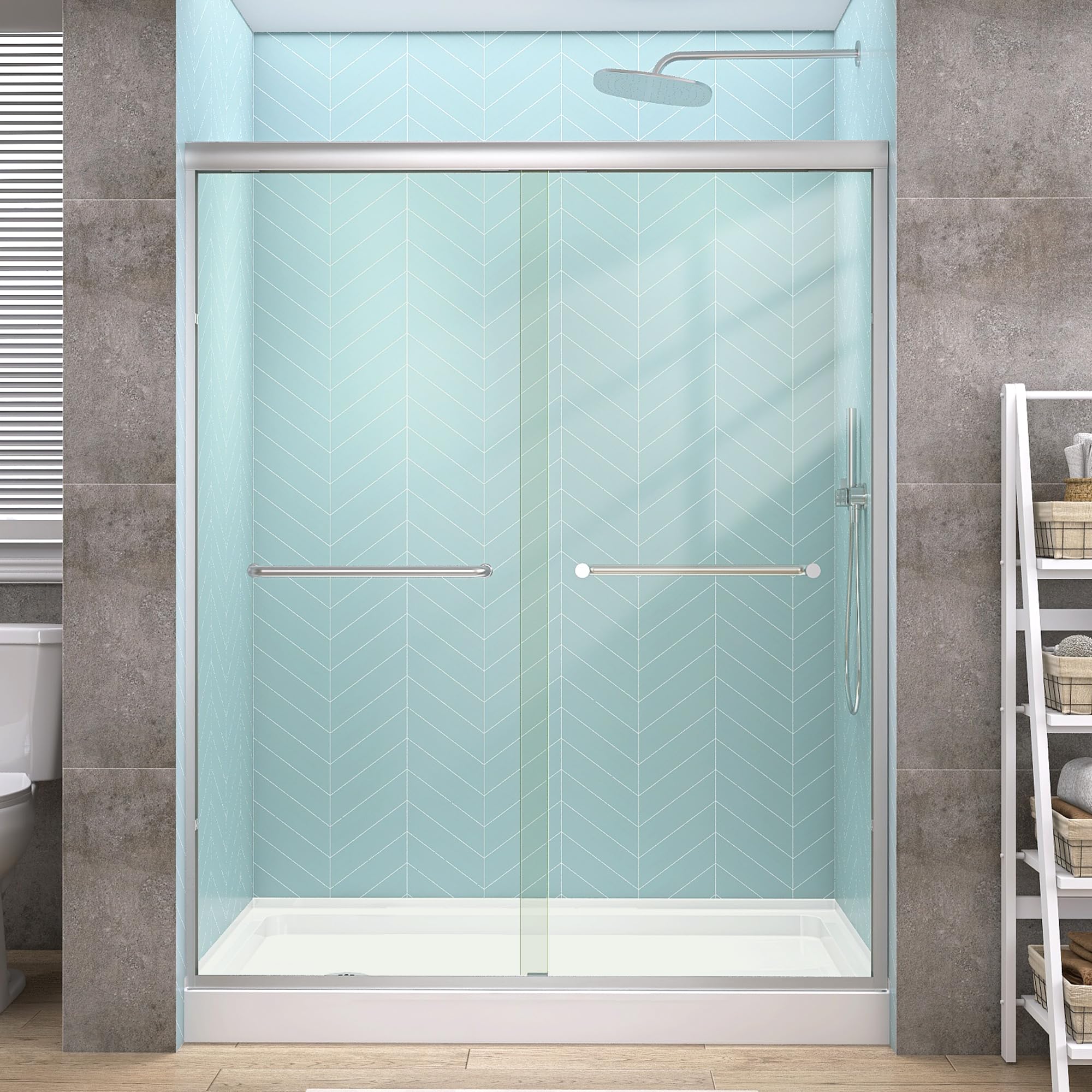 Photo 1 of ***MISSING 1 DOOR *** GETPRO Sliding Shower Door Semi-Frameless 50-54 in. W x 72 in. H Bypasss Double Sliding Glass Shower Enclosure,1/4 inch Clear Tempered Glass Door for Walk-in Shower Brushed Nickel