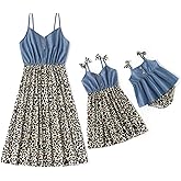 IFFEI Mommy and Me Dresses Matching Outfits Sleeveless Leopard Stitching Solid Tank Dresses