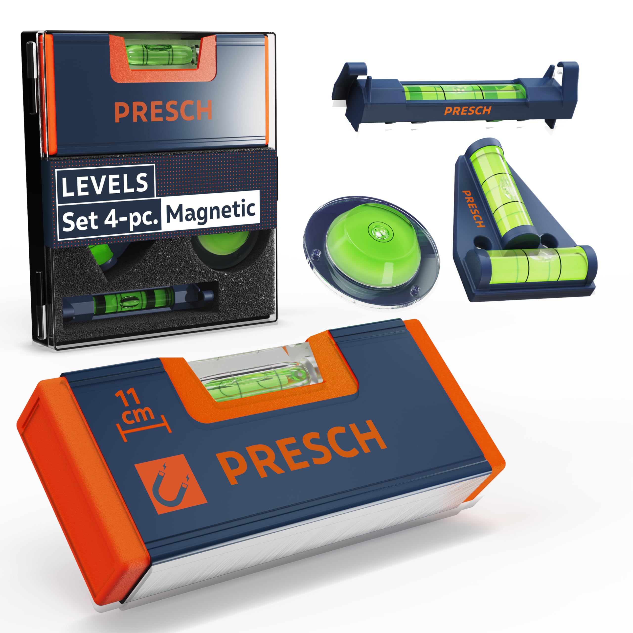 Presch Mini Level Set - 4pcs. All-Round Set with Mini, T-, Bullseye Spirit and line Levels - Reinforced Magnet for Maximum Adhesion - Shatterproof Acrylic Glass
