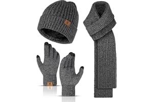 Honnesserry Men's Winter Beanie Hat Warmer Long Scarf Touchscreen Gloves Set 3PCS Knit Skull Cap Set for Men Women Dark Grey