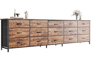 Huuger 78.7 inch Long Dresser for Bedroom, 15 Drawer Fabric Dresser for Closet, Large TV Stand for 65, 75, 85 inch TV, Wide Chest of Drawer with Storage, 78.7" W x 12.9" D x 26.7" H, Rustic Brown