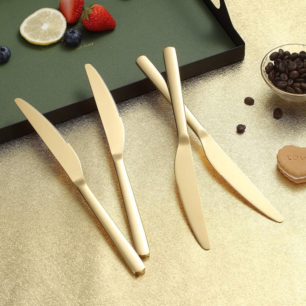  | Gold Dinner Knives 4 Pieces, Homquen Sturdy 9.25" Stainless Steel Modern Design Knife, Knifes Set With Round Edge Dishwasher Safe: Flatware Sets