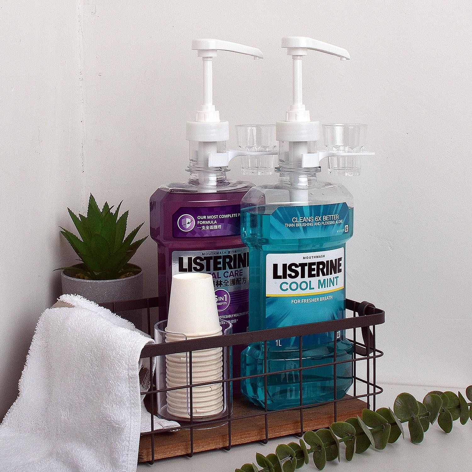 Dispenser Pumps for Listerine 1 or 1.5 Liter Mouthwash Bottles with Cup Holders, Resuable Cups and Clear Plastic Paper Cup Dispenser - Fits Total Care, Original, Zero Alcohol, Cool Mint, etc