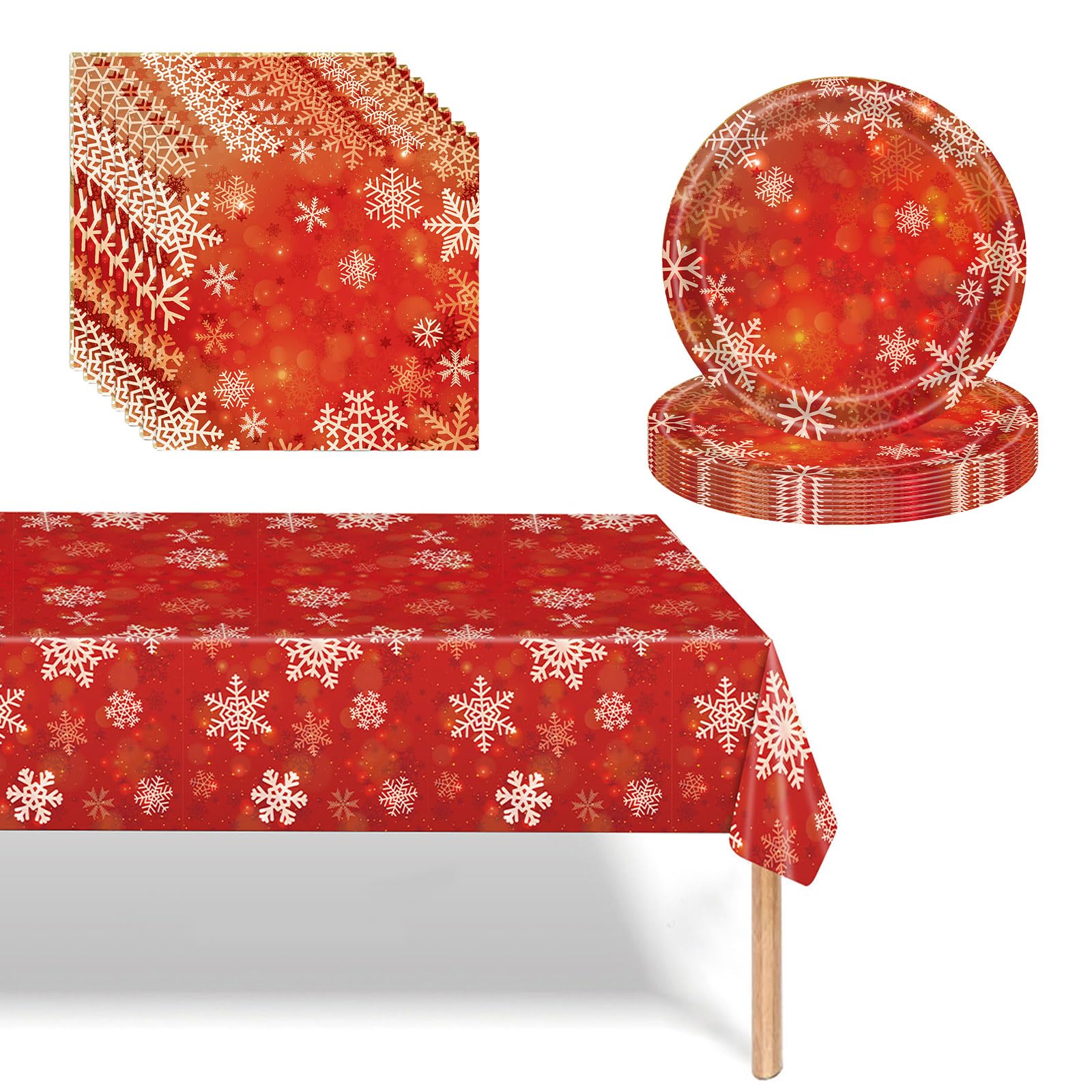 37pcs Christmas Dinnerware Set, Red Snowflake Disposable Plates, Napkins and Tablecloth - Xmas Party Table Decorations