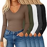 Yearntown 5 Pack Women's Long Sleeve V Neck Undershirts Slim Fit Basic Tee Shirts Ladies Stretchy Tight Layering Underscrubs