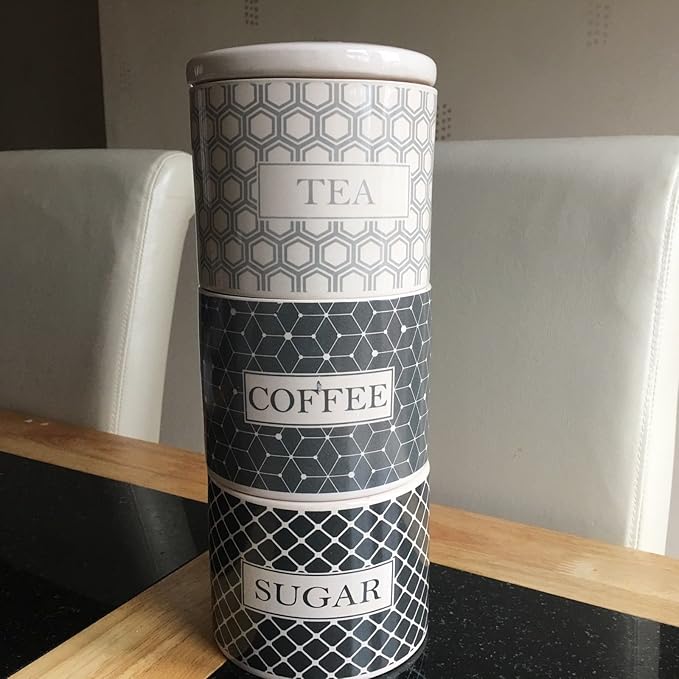 SET OF 3 STACKABLE TEA COFFEE SUGAR JARS STACKING KITCHEN STORAGE JARS