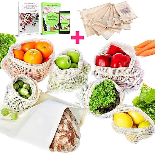 EarthMe 7stck Gemüsebeutel Bio Baumwolle Obstnetz Gemüsenetz Obstbeutel Inkl. XL Brotbeutel + 2 E-Books