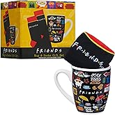 Get Trend Friends 11oz Mug and Socks Set, Novelty Valentines Day Gifts for Women, Men, Teens, Crew Socks with Ceramic Coffee Mug Microwave Safe (Black AOP Friends)