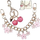QXUJI Decorative Purse Chain, Enamel Flower Charm Bag Strap Extender, Short Gold Replacement Extension Purse Chain with Cute Cherry Keychains, for Women Handbags Shoulder Crossbody Bags, 7.87Inch/20CM