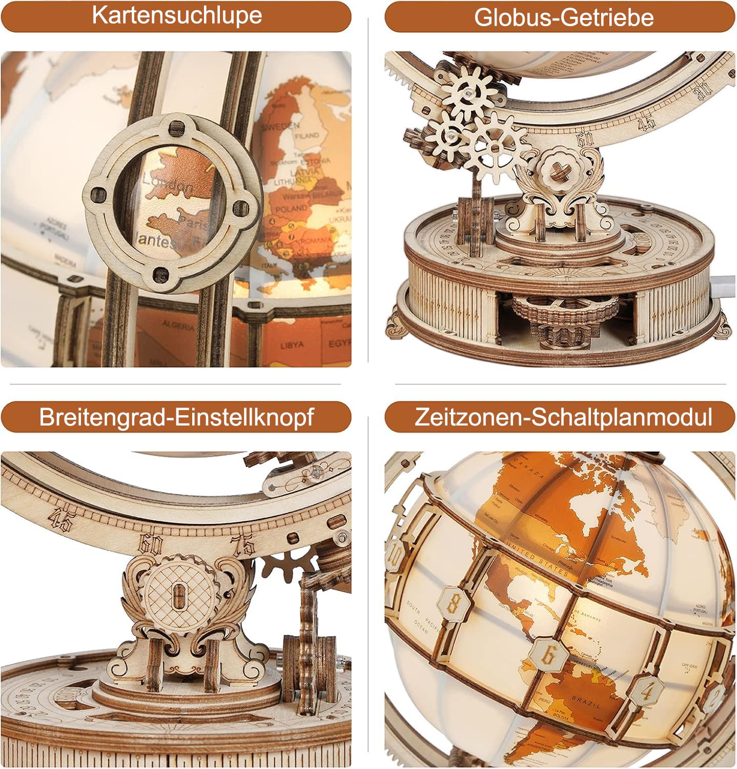 ROKR 3D Puzzle Holz Erwachsene, Holzpuzzle Modell Leuchtglobus Modellbau Bastelset Erwachsene mit LED Licht Weltkugel Bausatz Drehbar Luminous Globe Holzbausatz als Deko, Geschenk (180 Teilen) 4
