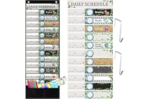 Chiisong Daily Schedule Pocket Chart, 14+1 Pocket, with 40 Pcs Reusable Dry Eraser Cards Calendar Pocket Chart for Classroom Toddler Schedule Chart Office Home Preschool Activity(Eucalyptus Style)