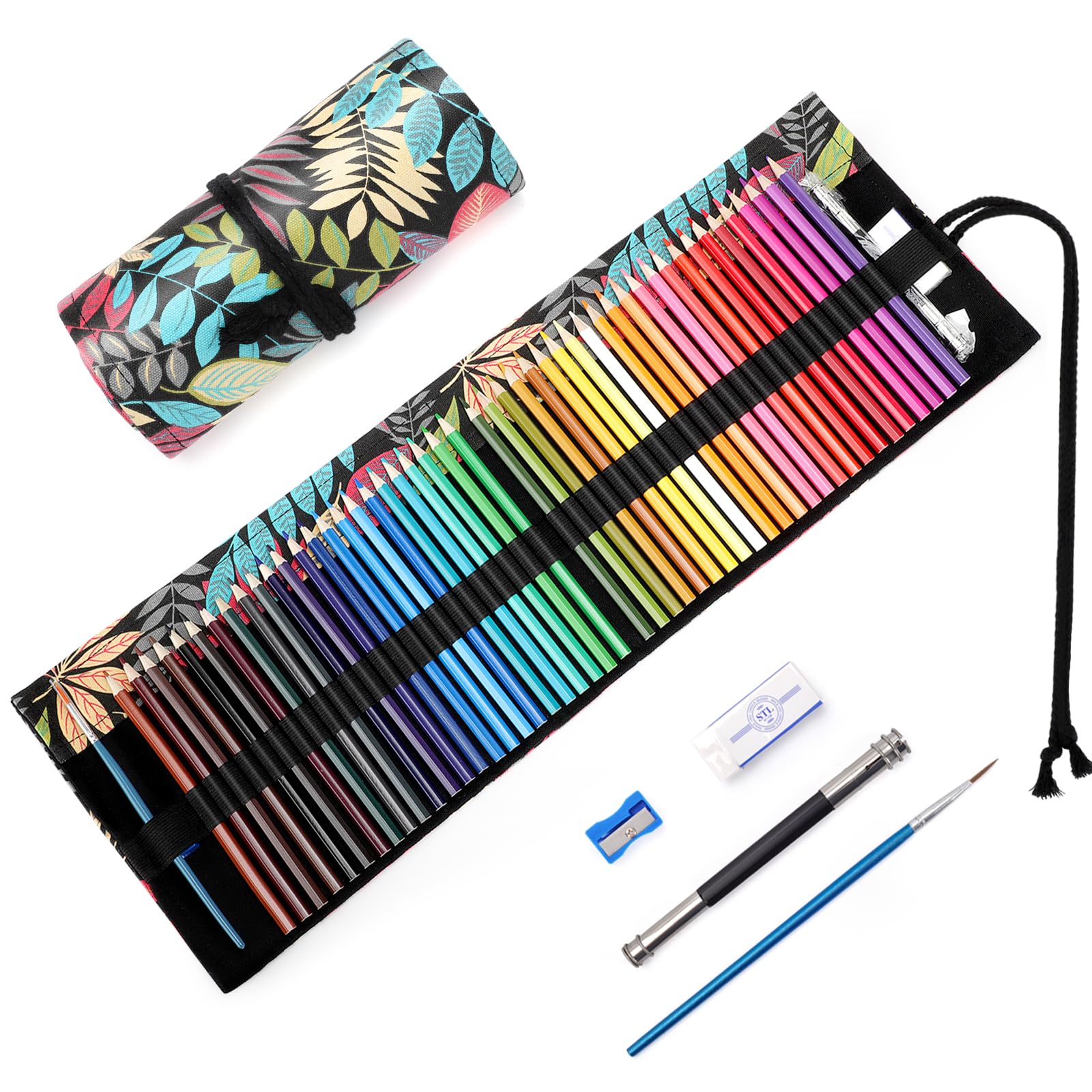TOYESS 48 Professional Coloured Pencils Set with Portable Roll-Up Canvas Case – Wood-Free Soft Core Pencils for Drawing, Sketching and Adult Colouring, Rainforest