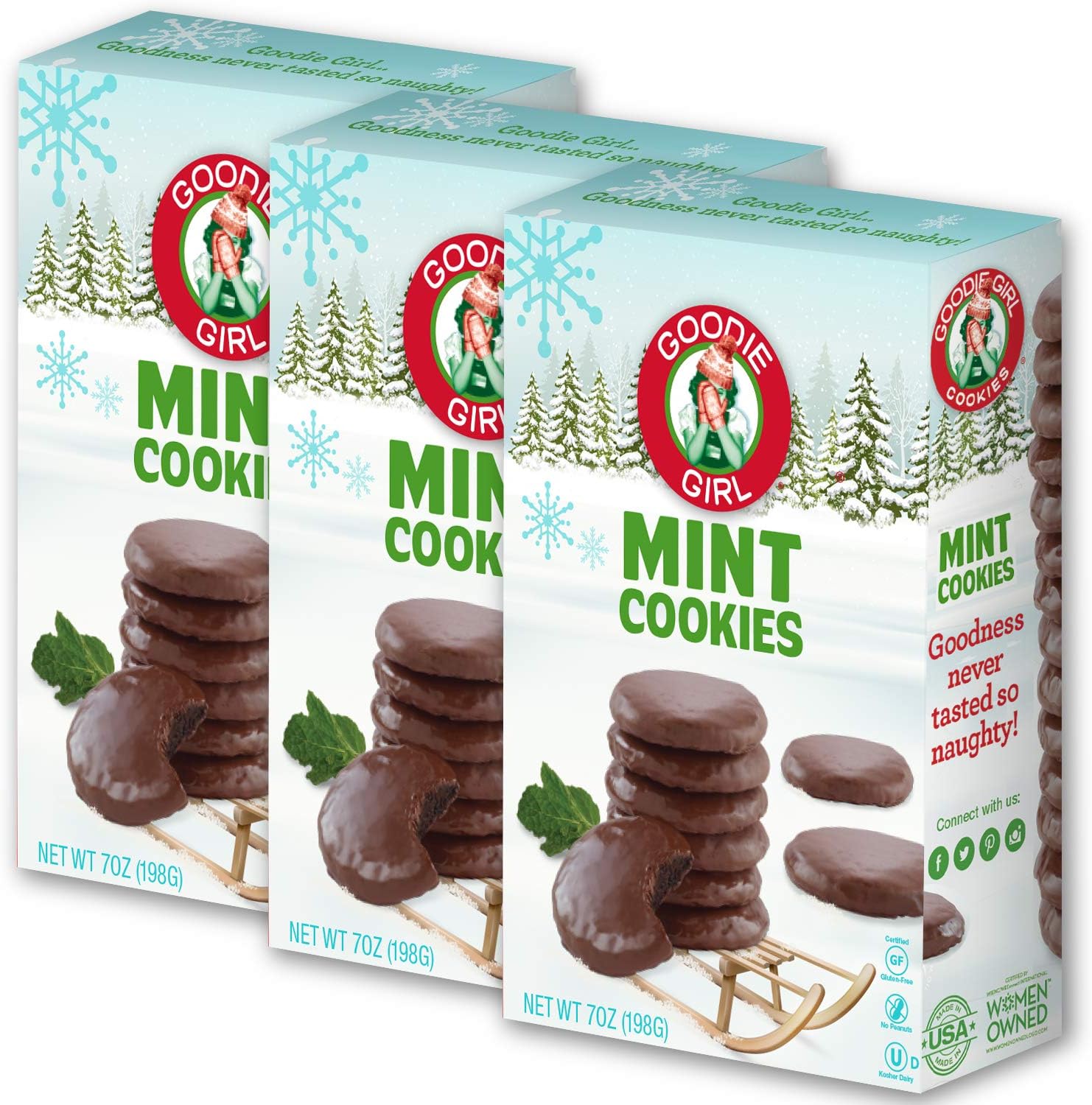 Goodie Girl Cookies Limited Edition Mint Winter Chocolate Mint Wafer Fudge Covered Cookies, Peanut Free and Gluten Free Cookies (7oz Box, 3 Pack)