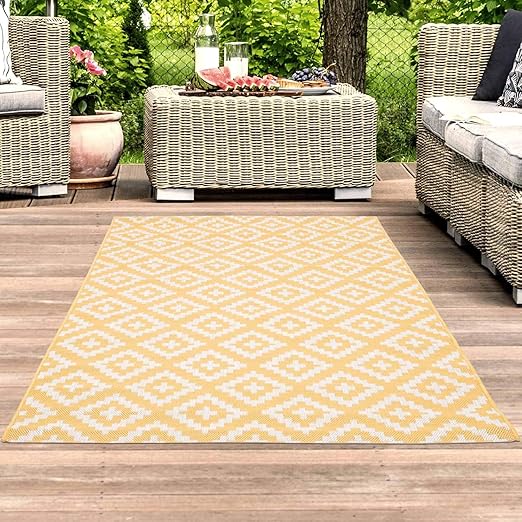 Carpet City Outdoor Teppich Wetterfest Balkon Terrasse Modern Geometrisches Muster In Gelb Grosse 200x290 Cm Amazon De Kuche Haushalt