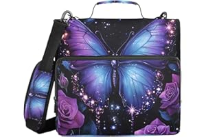 ALAZA Zipper Binder 3 Ring Purple Butterfly Rose Binder Organizer with Zipper and Shoulder Strap Large Capacity Multi-Pocket Trapper Keeper File Folder for Office Supplies