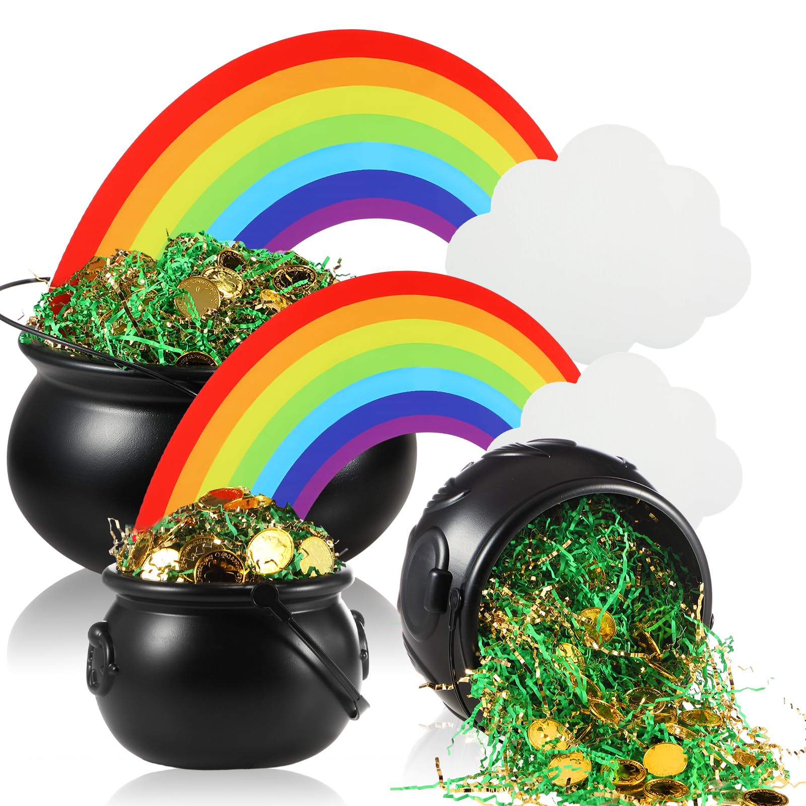 Photo 1 of Civaner St. Patrick's Day Decoration Set Pot of Gold Plastic Cauldron Kettle Rainbow Kit with Shamrock Gem Plastic Coins for Irish St Patrick Party Outdoor Decoration(2 Set)