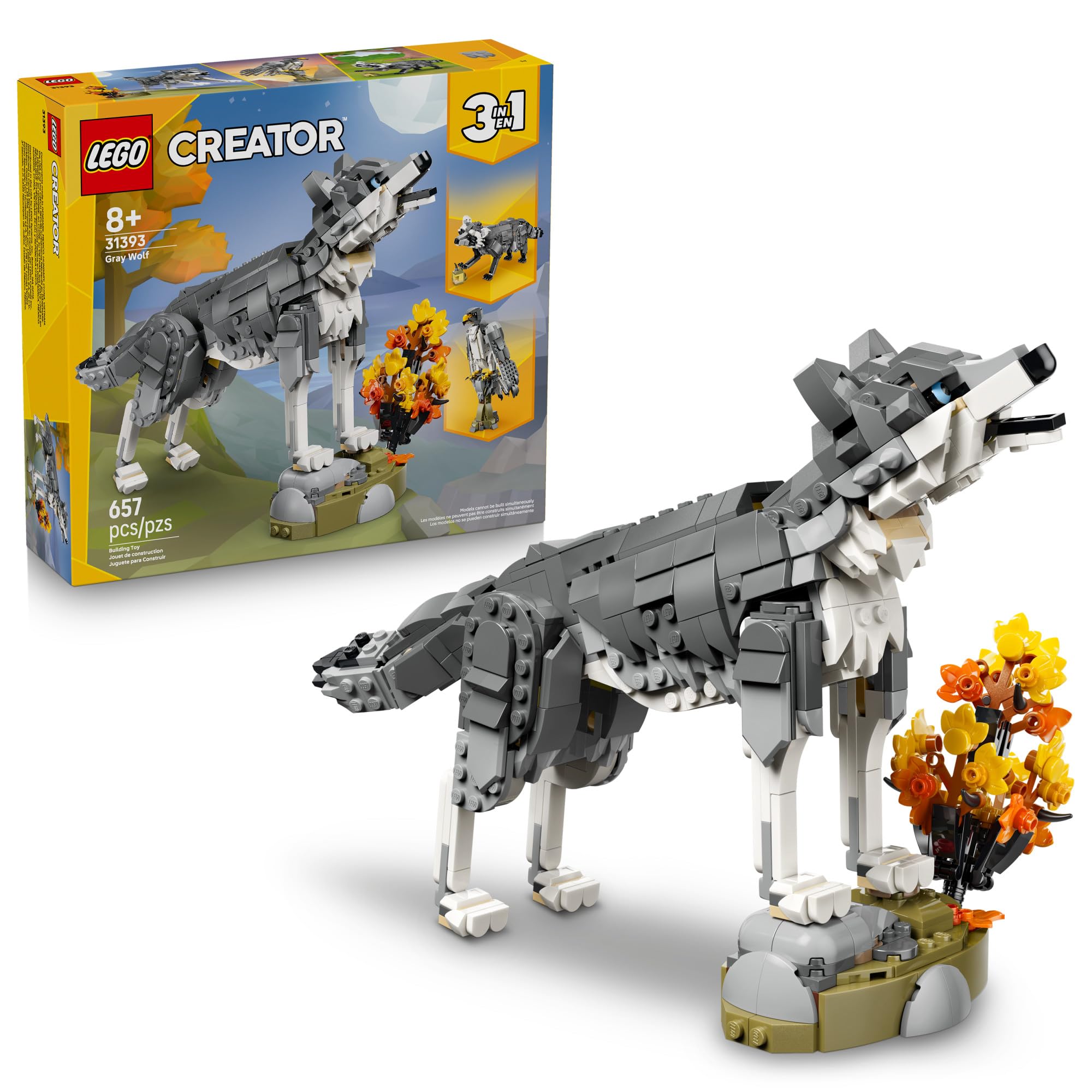 LEGO Creator 3 in 1 Forest Animals: Gray Wolf 31393 | 남아 및 여아용 조립 장난감, 만 8세 이상, 3가지 조립 옵션, 어린이 침실 및 책상 장식, 657피스, 생일 선물