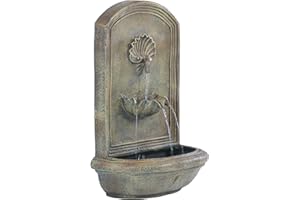 Sunnydaze Seaside 27-Inch Polystone Wall-Mounted Solar Fountain - Submersible Pump - Florentine Stone Finish