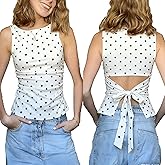Women Y2k Polka Dots Boat Neck Tank Top Cute Sleeveless Slim Fitted Side Ruched Tie Back Vest Vintage Going Out Top