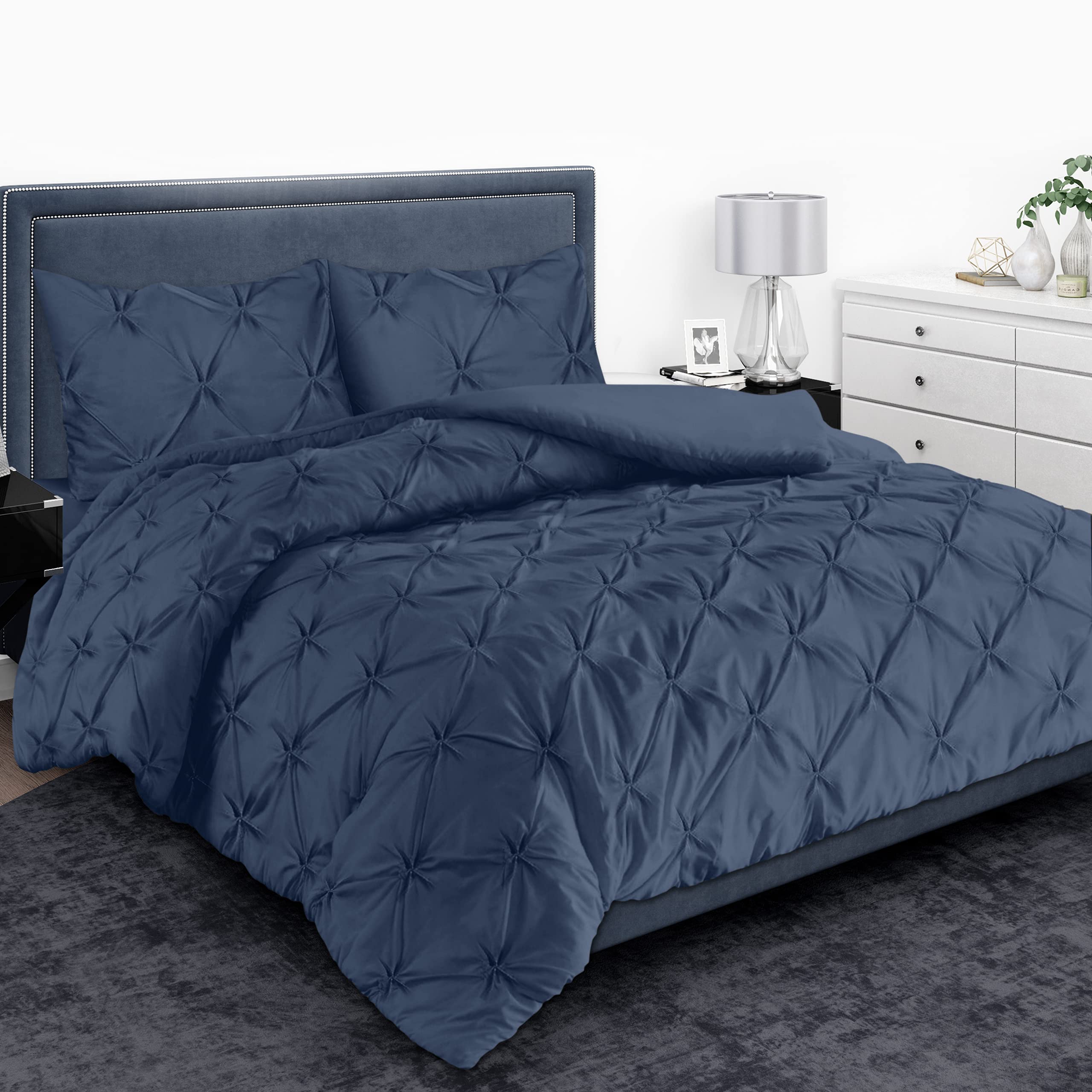 MH Home Pintuck Super King Duvet Cover Set - 200 Thread Count 100% Egyptian Cotton Pinch Pleated Quilt Bedding Covers Set (Navy Blue, Super King)