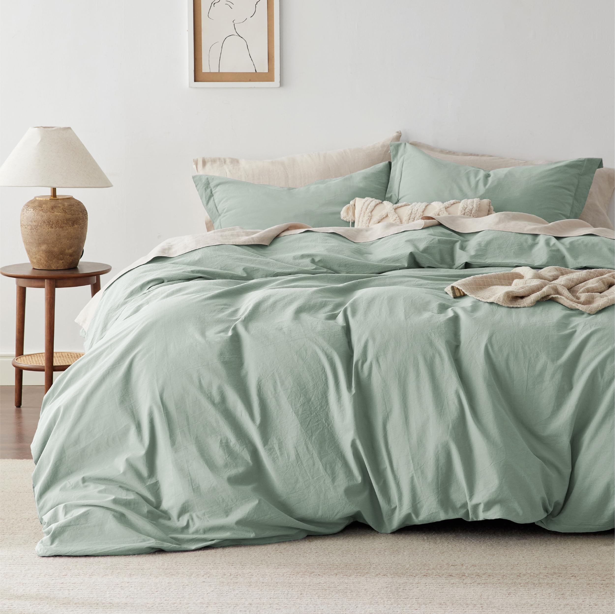 Photo 1 of Bedsure 100% Washed Cotton Duvet Cover Queen Size - Sage Green Minimalist Cotton Duvet Cover Linen Like for All Seasons - GentleSoft™ Plain Simple Bedding (Sage Green, Queen, 90"x90")