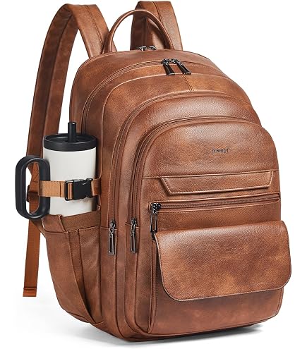 tiamyi Vegan Leather Backpack, TSA Travel Backpack for Men and Women, Fits 17.0 Inch Laptop with Luggage Strap, Beige : Electronics