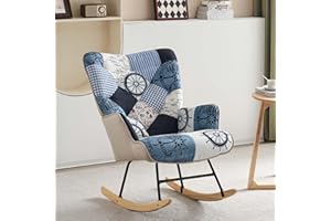 DAICO Rocking Chair Upholstered Indoor Accent Chair with High Backrest Wooden Base Glider Rocker Armchair for Baby Nursery Colorful Plaid Marine and Nautical Patchwork for Bedroom, Living Room