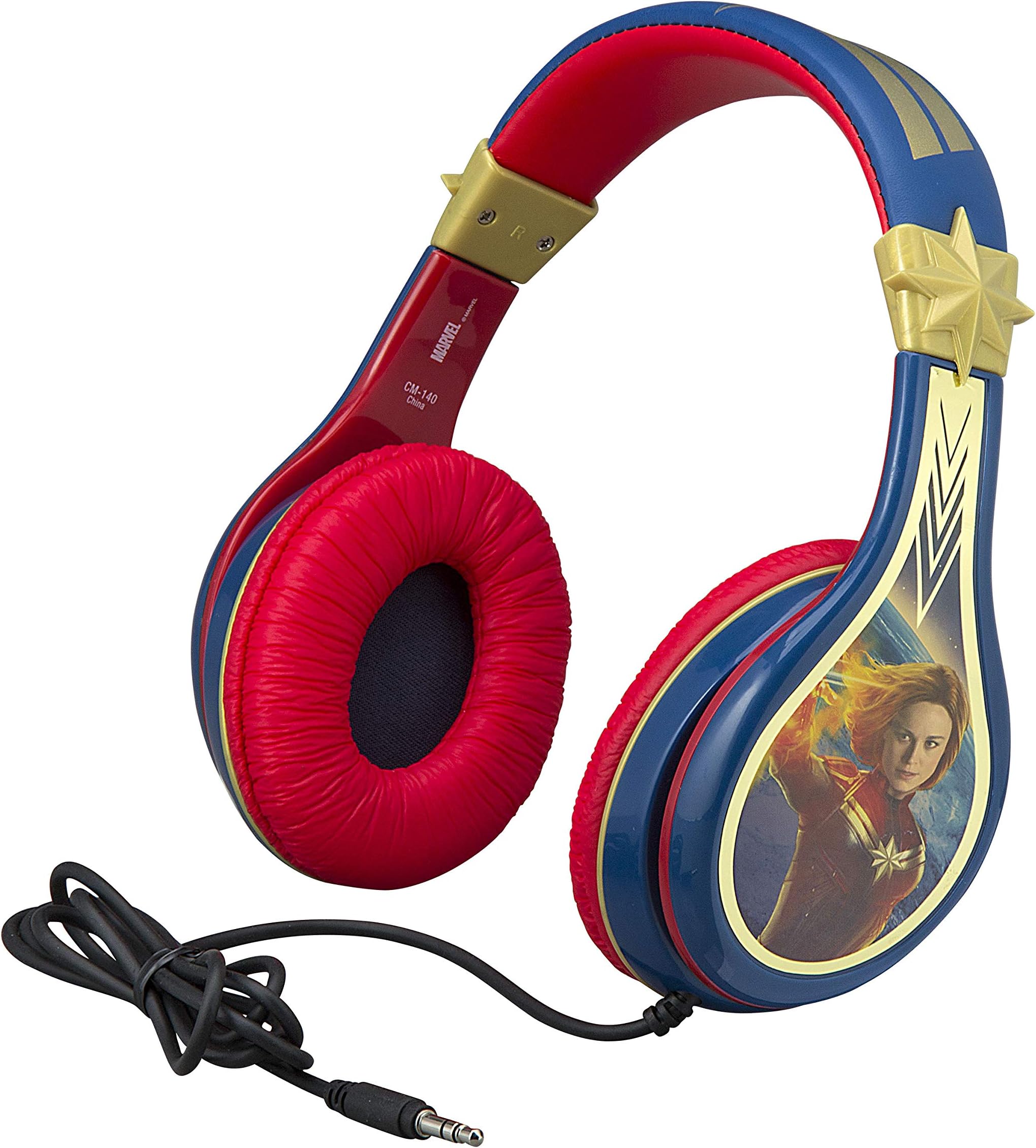 eKids Captain Marvel Kids Headphones, Adjustable Headband, Stereo Sound, 3.5Mm Jack, Wired Headphones for Kids, Tangle-Free, Volume Control, Childrens Headphones Over Ear for School Home, Travel