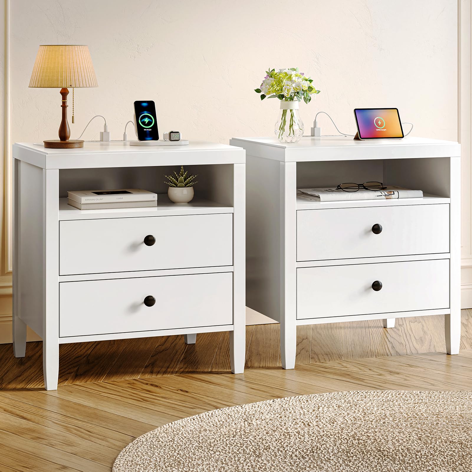 Photo 1 of Huuger White Nightstand Set of 2, Night Stand with Charger Station, Bedside Table with 2 Drawers, Bed Side Tables for Bedroom, Modern Nightstands, Metal Knobs, Painted Surface