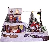 MerryPulse Christmas Village, Festival Scene Rotating Reindeer and Santa Claus Village Houses Decorations with 8 Musical for Holiday Table Displays