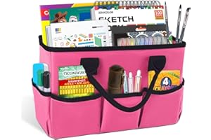 Godery Desktop Tote and Organizer, Teacher Helper Bag for Arts, Books, Stationery, Office Desk Organization, Make-up Storage with Handles for Travel (PINK)