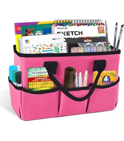 2-Pack Art Craft Tote Bags - 600D Oxford Organizer With Multiple Pockets, 13.8x9x5.5 Inches, Black & Pink