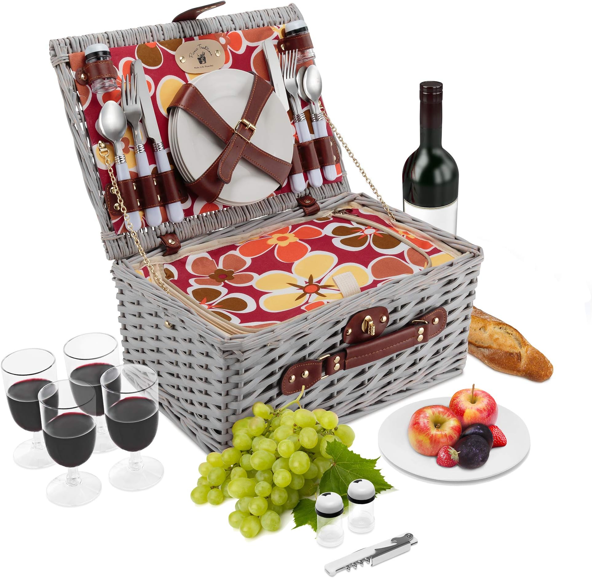 Wicker Picnic Basket Set | 4 Person Deluxe Vintage Style Woven Willow Picnic Hamper | Built-in Cooler | Ceramic Plates, Stainless Steel Silverware, Wine Glasses, S/P Shakers, Bottle Opener (White)