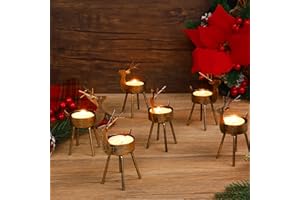 Juegoal Reindeer Tealight Candle Holders, Set of 6 Christmas Decorations Standing Iron Metal with Rustic Bronze Finish, Durable and Rust-Proof Candlestick Holiday Tabletop Centerpiece and Display