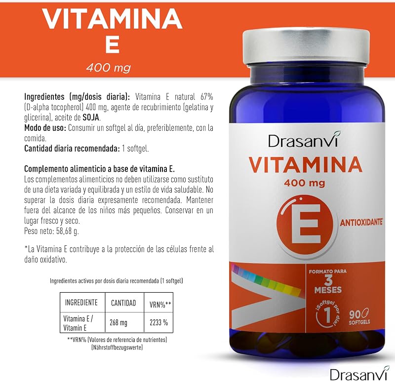 Drasanvi Vitamina E Natural 400mg de Alta Potência em 90 Softgels Sem Glúten
