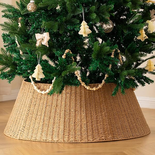 36IN EXTRA LARGE CHRISTMAS TREE COLLAR – WICKER WOVEN TREE COLLARS FOR ARTIFICIAL TREES – LARGE RATTAN RUSTIC FARMHOUSE BASKET FOR TREE BASE COVER WITH CORD CUT-OUT FOR 7.5FT 9FT 12FT TREE(NATURAL)