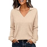 KIRUNDO Long Sleeve Shirts for Women 2025 Fall Fashion Outfits Going Out Tops Collar V Neck Blouses Ribbed Knit Loose Tunic