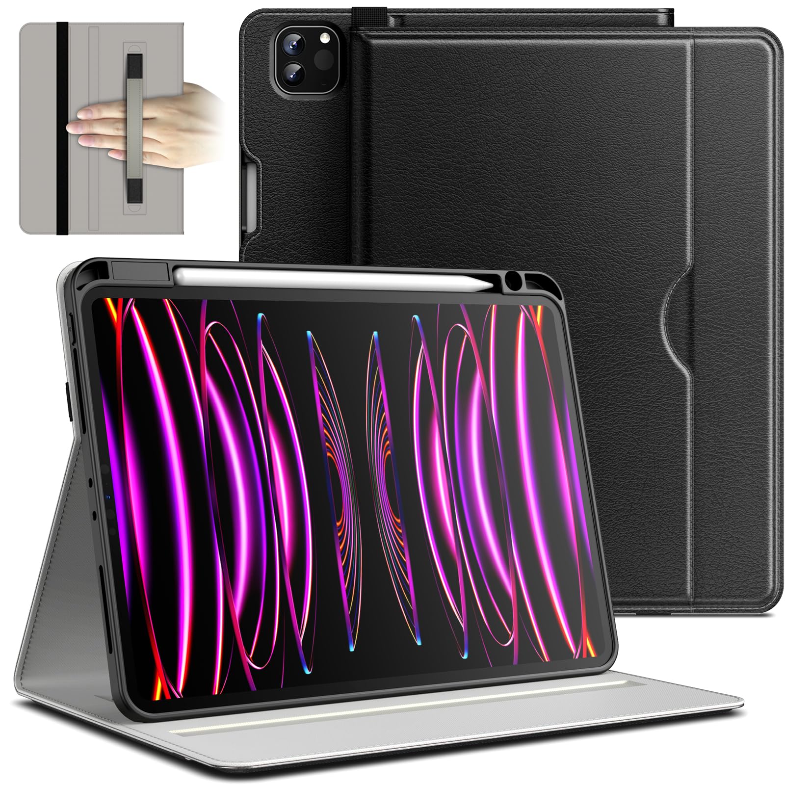 JETech Case for iPad Pro 11 4/3/2 (11-Inch, 2022/2021/2020 Model, 4th/3rd/2nd Gen), PU Leather Business Folio Protective Tablet Cover with Pencil Holder & Pocket Multi-Angle Viewing (Black)
