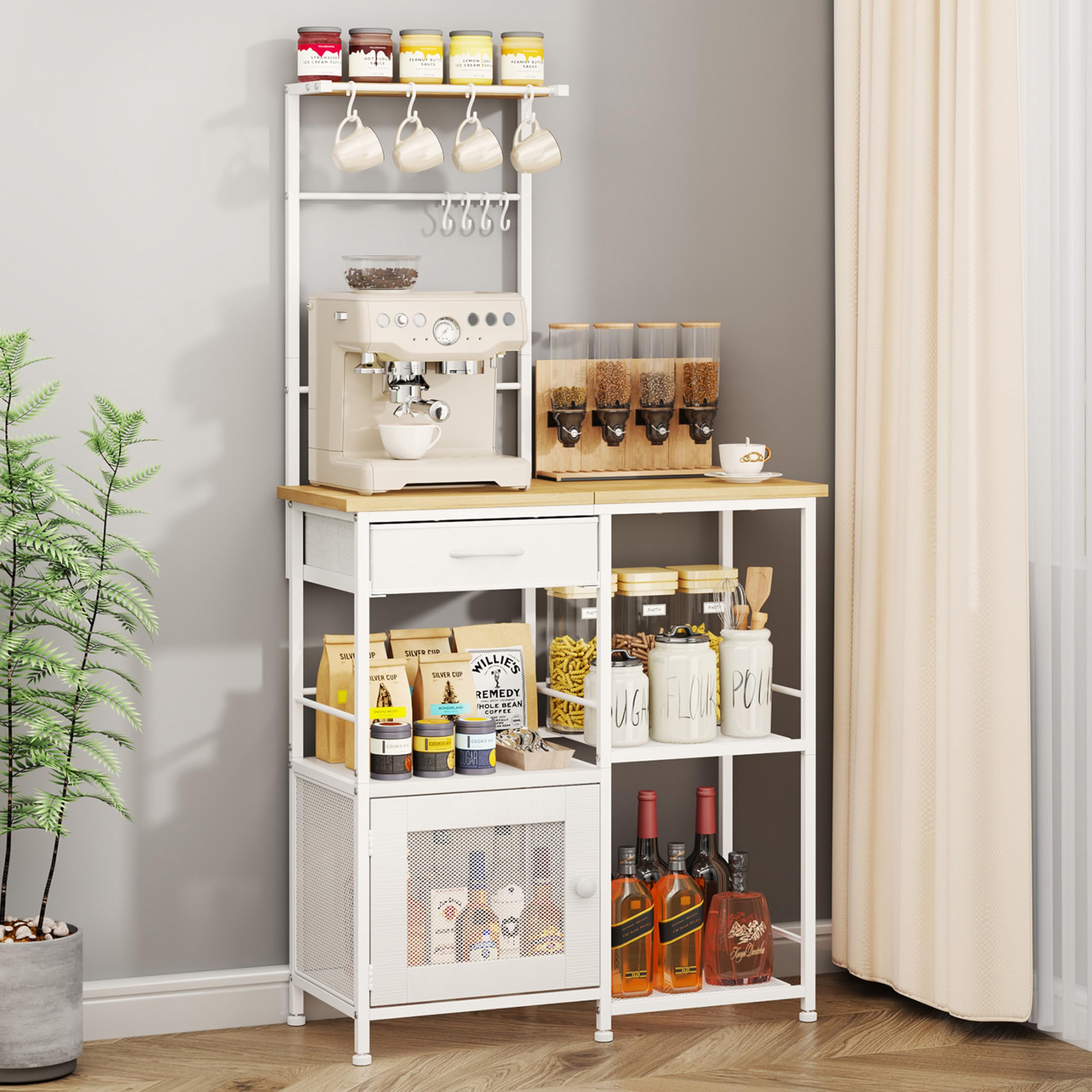 Photo 1 of SWTYMIKI Coffee Bar with Hanging Rack - Farmhouse Coffee Stand Station Multi-Purpose Buffet Sideboard Cabinet with Drawers - Kitchen Bar Table for Living Room, Corner, Small Space, Natural