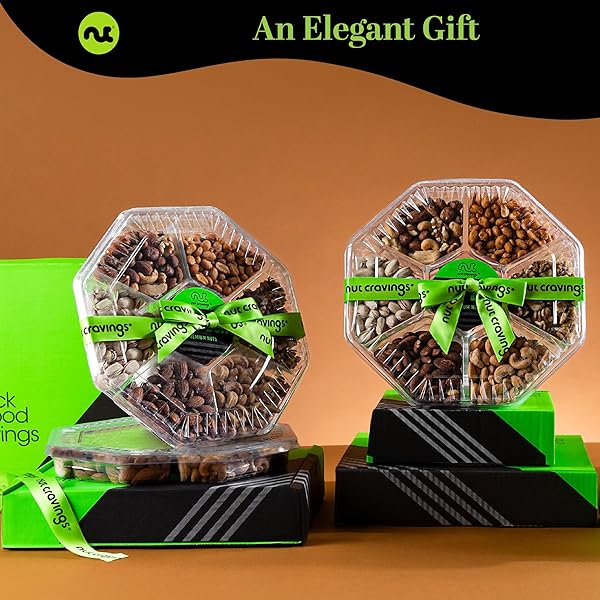 NUT CRAVINGS GOURMET COLLECTION – PURIM MISHLOACH MANOT MIXED NUTS GIFT BASKET + GREEN RIBBON (7 ASSORTMENTS, 1 LB) ARRANGEMENT PLATTER, BIRTHDAY CARE PACKAGE – HEALTHY KOSHER CORPORATE GIFTS