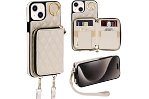 Keallce Case for iPhone 15 Plus 6.7'' Wallet Case, Crossbody Zipper Purse with Handbag Wristlet for Women, RFID Blocking Card Holders, 360° Ring Kickstand Flip Leather Cover for iPhone 15 Plus, Beige