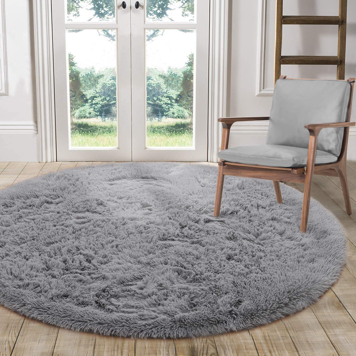 Tinyboy-hbq Round Area Rugs Fluffy Bedroom Rug Shaggy Bedroom Bedside Household Carpet Soft Modern Plush Carpets Suitable for Home Decor(Grey, Diameter 140cm)