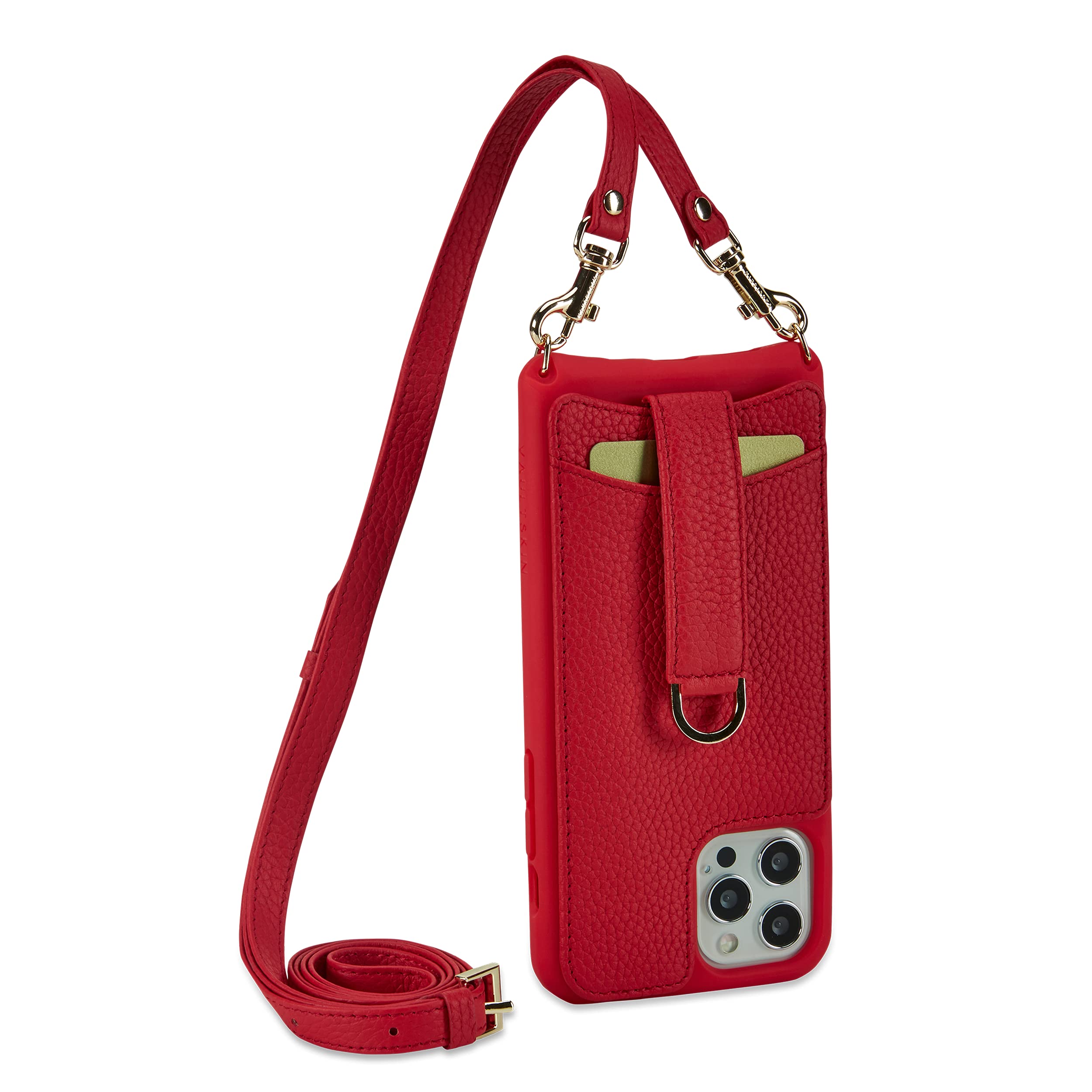 Vaultskin VICTORIA Crossbody Wallet Case, Lanyard with Card Holder (Red - Leather Strap, for iPhone 13 Pro)