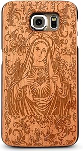 JewelryVolt Wooden Phone Case for iPhone 4 or iPhone 4s Cherry Wood Laser Engraved Spiritual Virgin Mary Floral Heart