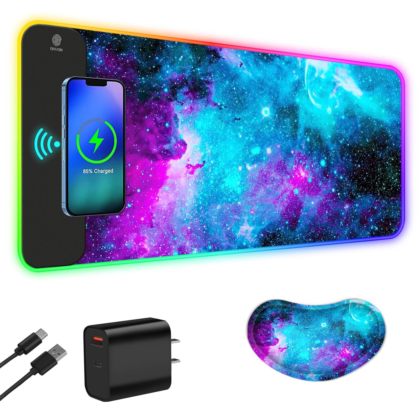 Photo 1 of ToLuLu Wireless Charging RGB Gaming Mouse Pad, 15W LED Mouse Mat with 30W Charger, 14 Light Modes Large Mousepad with Wrist Support, Non-Slip Rubber Base Desk Mat Computer Keyboard Pad, Galaxy Nebula