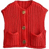 Women's Sleeveless Chunky Knit Top Casual Cropped Button Down Sweater Vest Open Front Cardigan with Pockets